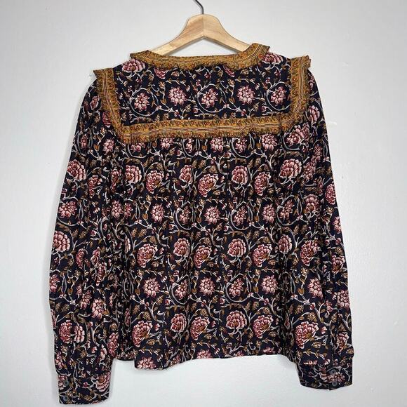 Anthropologie Othilia Sera Ruffled Blouse Black Floral Boho Fall Top Medium - Picture 7 of 8